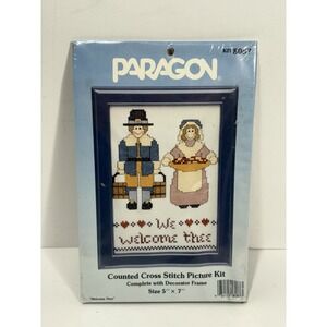Paragon Counted Cross Stitch Kit WELCOME THEE Thanksgiving Pilgrims Frame  1986